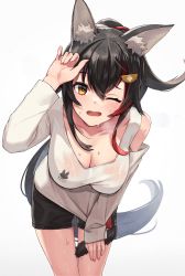 Rule 34 | 1girl, animal ear fluff, animal ears, arm up, black hair, black shorts, blush, breasts, brown eyes, cleavage, cowboy shot, hair between eyes, hair ornament, hairclip, hand on own thigh, highres, hololive, large breasts, leaning forward, long hair, long sleeves, looking at viewer, multicolored hair, one eye closed, ookami mio, ookami mio (casual), open mouth, ponytail, red hair, see-through, shirt, shorts, simple background, solo, standing, streaked hair, sweat, tail, very long hair, virtual youtuber, white background, white shirt, wolf ears, wolf girl, wolf tail, woogi (duguddnr)