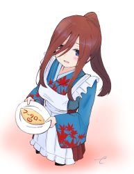 Rule 34 | 1girl, :d, apron, blue eyes, blue kimono, blush, breasts, brown background, brown hair, brown hakama, cropped legs, eyebrows hidden by hair, food, frilled apron, frills, go-toubun no hanayome, gradient background, hair between eyes, hakama, hakama skirt, high ponytail, highres, holding, holding plate, japanese clothes, kimono, kujou karasuma, leaf print, long hair, long sleeves, looking at viewer, maple leaf print, medium breasts, nakano miku, omelet, omurice, open mouth, plate, ponytail, print kimono, sidelocks, signature, skirt, smile, solo, translation request, white apron, white background, wide sleeves