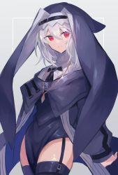 Rule 34 | 1girl, arknights, black dress, black headwear, black thighhighs, breasts, capelet, coat, commentary request, cowboy shot, dress, female focus, garter belt, grey background, grey capelet, grey coat, grey hair, habit, hair between eyes, highres, jewelry, long hair, long sleeves, looking away, necklace, nun, off shoulder, open clothes, open coat, pelvic curtain, red eyes, ribbed sweater, sasa onigiri, sidelocks, small breasts, smile, solo, specter (arknights), sweater, thighhighs, thighs, turtleneck, turtleneck sweater, underwear, very long hair, white sweater