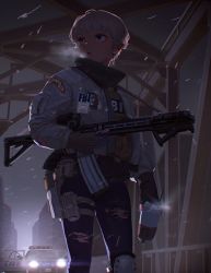 Rule 34 | 1girl, backlighting, breath, building, bulletproof vest, bypos, car, cup, dated, disposable cup, earrings, fbi, female focus, gloves, gun, highres, holding, holding cup, holding gun, holding weapon, id card, jacket, jewelry, leggings, mole, mole under eye, motor vehicle, open mouth, police car, short hair, sleeves past wrists, snow, snowing, solo, starbucks, thigh strap, tom clancy&#039;s the division 2, torn clothes, torn legwear, weapon, winter clothes