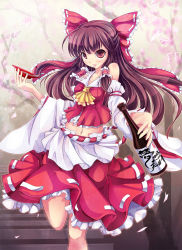 Rule 34 | 1girl, :p, ascot, bottle, bow, brown eyes, brown hair, detached sleeves, hair bow, hair ribbon, hair tubes, hakurei reimu, highres, holding, long hair, looking at viewer, ms06s, navel, nontraditional miko, petals, ribbon, sake bottle, smile, solo, standing, standing on one leg, tongue, tongue out, touhou