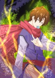 Rule 34 | 1boy, abstract background, arm at side, aura, belt, black trim, blurry, blurry foreground, body writing, brown hair, cape, commentary request, cowboy shot, energy, forehead writing, grin, hair between eyes, hand up, highres, index finger raised, koenma, light smile, long sleeves, looking at viewer, male focus, messy hair, orange skirt, ozeki miyabi, pacifier, parted lips, purple shirt, purple vest, red belt, red cape, red scarf, scarf, shirt, short hair, skirt, smile, solo, vest, yellow eyes, yuu yuu hakusho