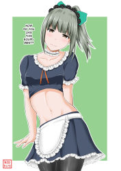 Rule 34 | 10s, 1girl, apron, arms behind back, black pantyhose, blue shirt, blue skirt, blunt bangs, blush, brown eyes, choker, closed mouth, collar, collarbone, contrapposto, cowboy shot, crop top, detached collar, frilled collar, frilled shirt collar, frilled sleeves, frills, green background, green hair, hairband, hard-translated, head tilt, highres, kantai collection, lace, lips, looking at viewer, maid, maid apron, maid headdress, midriff, navel, pantyhose, puffy short sleeves, puffy sleeves, shirt, short hair, short sleeves, simple background, skirt, solo, stomach, text focus, third-party edit, translated, waist apron, white apron, yano toshinori, yuubari (kancolle)
