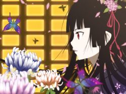 Rule 34 | 00s, 1girl, bad id, bad pixiv id, black hair, blunt bangs, blurry, bug, butterfly, chrysanthemum, depth of field, enma ai, expressionless, flower, hair flower, hair ornament, hime cut, insect, jigoku shoujo, lips, long hair, looking away, nauribon, petals, profile, red eyes, solo, upper body