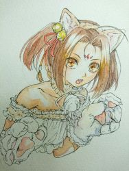 Rule 34 | 1girl, ahoge, animal ears, animal hands, bare shoulders, bell, brown eyes, brown hair, cat ears, collar, facial mark, fangs, fate/grand order, fate (series), forehead mark, gloves, hair bell, hair ornament, hairband, neck bell, nezha (fate), paw gloves, traditional media, twintails