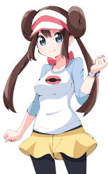 Rule 34 | 1girl, bad id, bad pixiv id, black pantyhose, blue eyes, blue shirt, bow, brown hair, clenched hands, commentary, cowboy shot, creatures (company), double bun, game freak, hair bow, hair bun, hat, highres, long hair, long sleeves, looking at viewer, nintendo, pantyhose, pantyhose under shorts, pink bow, pink hat, poke ball print, pokemon, pokemon bw2, print shirt, raglan sleeves, rosa (pokemon), shirt, short shorts, shorts, simple background, smile, solo, standing, takom, twintails, visor cap, watch, white background, white shirt, wristwatch, yellow shorts
