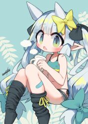 Rule 34 | 1girl, artist name, bandaid, bandaid on leg, black shorts, black socks, blue eyes, blue sports bra, blush, bow, breasts, collarbone, commentary request, cup, fang, green eyes, grey hair, hair bow, highres, holding, holding cup, horns, knees up, long hair, looking at viewer, loose socks, nanatsuta, open mouth, original, pointy ears, shorts, signature, sitting, small breasts, socks, solo, sports bra, twintails, two-tone eyes, yellow bow