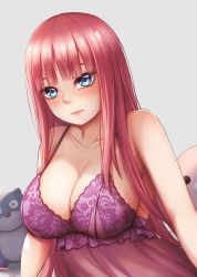 Rule 34 | 1girl, bare shoulders, black ribbon, blue eyes, blunt bangs, blush, breasts, butterfly hair ornament, cleavage, closed mouth, collarbone, embarrassed, eyebrows hidden by hair, go-toubun no hanayome, hair ornament, highres, hime cut, indoors, lace, large breasts, long hair, looking at viewer, nakano nino, nightgown, peng peng, pink hair, ribbon, see-through, stuffed toy