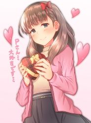 Rule 34 | 10s, 1girl, absurdres, blue eyes, blush, bow, box, brown hair, commentary request, gradient background, grey skirt, hair bow, hairband, heart, heart-shaped box, highres, idolmaster, idolmaster cinderella girls, jacket, keffiy, looking at viewer, open clothes, open jacket, pink jacket, red bow, sakuma mayu, skirt, smile, solo, turtleneck, valentine