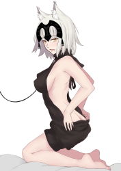 Rule 34 | 1girl, animal ears, ass, back, backless outfit, barefoot, blonde hair, breasts, cat ears, fate/grand order, fate (series), from side, full body, headpiece, illusionk, jeanne d&#039;arc (fate), jeanne d&#039;arc alter (avenger) (fate), jeanne d&#039;arc alter (fate), kemonomimi mode, kneeling, leash, light smile, looking at viewer, medium breasts, no panties, on bed, short hair, sideboob, solo, turtleneck, undressing, white background, yellow eyes