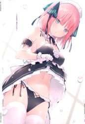 Rule 34 | 1girl, 6u (eternal land), absurdres, alternate costume, arm garter, bare shoulders, black panties, black shirt, black skirt, blue eyes, breasts, bubble, clothes lift, cowboy shot, crop top, detached collar, enmaided, frilled skirt, frills, gloves, go-toubun no hanayome, groin, hair ornament, highres, lifted by self, looking at viewer, maid, maid headdress, medium breasts, medium hair, miniskirt, nakano nino, navel, panties, parted lips, pink hair, scan, shirt, side-tie panties, skirt, skirt lift, sleeveless, sleeveless shirt, solo, standing, stomach, thighhighs, underwear, white gloves, white thighhighs