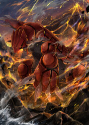 breath_weapon breathing_fire creatures_(company) ekaki_panda fire full_body game_freak gen_3_pokemon groudon highres lava legendary_pokemon nintendo no_humans pokemon pokemon_(creature) red_eyes solo spikes standing volcano