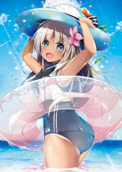 Rule 34 | 10s, 1girl, ass, blonde hair, blue eyes, crop top, fang, flower, hair flower, hair ornament, hat, hibiscus, hirai yuzuki, innertube, kantai collection, long hair, looking at viewer, looking back, one-piece swimsuit, one-piece tan, ro-500 (kancolle), sailor collar, school swimsuit, solo, sun hat, swim ring, swimsuit, swimsuit under clothes, tan, tanline, wading, water