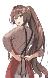 Rule 34 | 1girl, alternate costume, apron, arms behind back, ass, breasts, brown hair, brown sweater, cowboy shot, flower, from behind, hair flower, hair intakes, hair ornament, highres, kantai collection, large breasts, long hair, long sleeves, looking at viewer, negahami, open mouth, ponytail, ribbed sweater, simple background, solo, sweater, tying apron, upper body, very long hair, white background, yamato (kancolle)