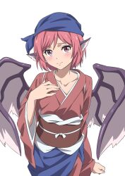 Rule 34 | 1girl, animal ears, bird ears, bird wings, blue headwear, blush, brown kimono, closed mouth, collarbone, fingernails, gyouza (mhea5724), head scarf, highres, japanese clothes, kimono, long sleeves, looking at viewer, mystia lorelei, obi, okamisty, pink eyes, pink hair, pink wings, sash, short hair, simple background, solo, touhou, upper body, white background, wide sleeves, wings