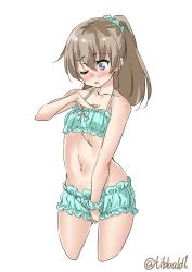 Rule 34 | 1girl, aqua bra, aqua panties, bad id, bad twitter id, bare arms, blue eyes, blush, bow, bow bra, bow panties, bra, breasts, brown hair, cinderella bust, collarbone, cowboy shot, cropped legs, ebifurya, frilled bra, frilled panties, frills, hair between eyes, hand on own chest, highres, inactive account, kantai collection, kumano (kancolle), long hair, navel, one eye closed, open mouth, panties, ponytail, scrunchie, simple background, small breasts, solo, stomach, twitter username, underwear, underwear only, white background, white bow, wrist scrunchie