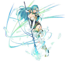 Rule 34 | 1girl, aqua hair, boots, breasts, chloe (fire emblem), cleavage, elbow gloves, feathers, fire emblem, fire emblem engage, fire emblem heroes, garter straps, gloves, green eyes, holding, holding polearm, holding weapon, kainown, large breasts, long hair, nintendo, parted lips, polearm, thigh boots, thighs, weapon, white gloves