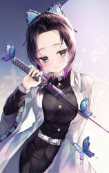 Rule 34 | 1girl, belt, black hair, breasts, bug, butterfly, butterfly hair ornament, commentary request, hair ornament, haori, hinaki (hinaki 0102), holding, holding sword, holding weapon, insect, japanese clothes, katana, kimetsu no yaiba, kochou shinobu, long sleeves, looking at viewer, parted bangs, purple eyes, purple hair, short hair, smile, solo, sword, uniform, weapon, white belt