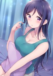 Rule 34 | 1girl, :o, bare arms, bare shoulders, bed sheet, blue eyes, blush, breasts, cleavage, collarbone, commentary request, curtains, dutch angle, elbow gloves, gloves, hair down, twirling hair, hazuki (sutasuta), highres, indoors, large breasts, long hair, looking at viewer, love live!, love live! sunshine!!, matsuura kanan, on bed, parted bangs, parted lips, pillow, purple eyes, sidelocks, sitting, sleeveless, solo, tank top, tareme