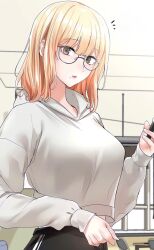 Rule 34 | 1girl, blonde hair, blush, brown hair, cellphone, circles, cloe park, closed mouth, glasses, gym, gym pants, highres, long hair, looking at viewer, phone, sweater, white sweater