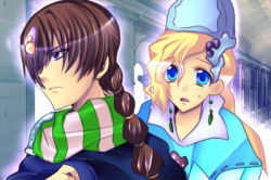 Rule 34 | 1990s (style), 1boy, 1girl, blonde hair, blue eyes, braid, brown eyes, brown hair, closed mouth, earrings, eyebrows hidden by hair, facing another, final fantasy, final fantasy iv, final fantasy iv: the after years, hair between eyes, hair ornament, hair over one eye, hair tie, hand up, hat, indoors, jewelry, leonora, long hair, looking at another, looking to the side, lowres, one eye covered, palom, parted lips, pillar, retro artstyle, robe, room, scarf, tongue, upper body