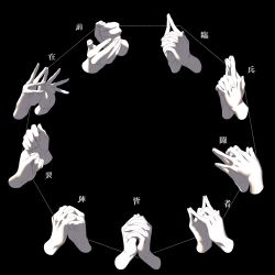 Rule 34 | \m/, absurdres, clenched hand, commentary request, crossed fingers, disembodied hand, double \m/, double w, fingernails, fist in hand, hand focus, highres, holding finger, index finger raised, interlocked fingers, kuji-in, monochrome, ninjutsu, original, own hands together, shokugyo, w