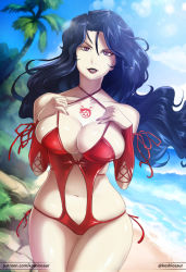 Rule 34 | 1girl, beach, bikini, black hair, blue sky, breasts, cleavage, cloud, colored skin, cowboy shot, curvy, day, detached sleeves, female focus, fullmetal alchemist, goth fashion, hands on own chest, koshiosaur, large breasts, lips, lipstick, long hair, looking at viewer, lust (fma), makeup, navel, ocean, outdoors, pale skin, parted lips, purple eyes, red bikini, seductive smile, shiny skin, sideboob, skindentation, sky, smile, solo, standing, stomach, swimsuit, tattoo, watermark, web address, white skin