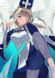 Rule 34 | 1girl, absurdres, blue cape, blue hair, blue hat, braid, braided hair rings, breasts, cape, dress, fate/grand order, fate (series), fighting stance, grey hair, hair rings, hat, highres, incoming kick, leg up, long hair, long sleeves, looking at viewer, medium breasts, mitre, multicolored hair, nikuromuline, one eye closed, pope joan (fate), purple eyes, smile, solo, tongue, tongue out, twin braids, two-tone hair, white dress