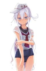 Rule 34 | 10s, 1girl, alternate hairstyle, blue eyes, flat cap, hammer and sickle, hat, hibiki (kancolle), kantai collection, long hair, looking at viewer, mochiki, neckerchief, one-piece swimsuit, ponytail, school swimsuit, school uniform, serafuku, short sleeves, sidelocks, silver hair, solo, star (symbol), swimsuit, swimsuit under clothes, tsurime, verniy (kancolle), water drop, wet, wet clothes, white background