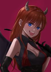 Rule 34 | 1girl, :d, absurdres, alternate hair length, alternate hairstyle, asymmetrical gloves, black gloves, black wings, blue eyes, breasts, brown hair, cleavage, cleavage cutout, clothing cutout, elbow gloves, fangs, gintama, gloves, highres, holding, holding riding crop, holding whip, horns, kagura (gintama), kuroneko w1nter, long hair, looking at viewer, medium breasts, open mouth, red background, riding crop, simple background, single wing, sleeveless, smile, solo, uneven gloves, upper body, wings