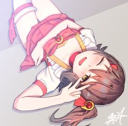 Rule 34 | 1girl, ;d, asymmetrical legwear, blush, brown eyes, brown hair, choker, collarbone, commentary request, hair between eyes, hair ornament, hairclip, idolmaster, idolmaster million live!, kasuga mirai, kuri choko, looking at viewer, lying, on back, one eye closed, one side up, open mouth, pink choker, pink skirt, pleated skirt, puffy short sleeves, puffy sleeves, shirt, short sleeves, signature, single thighhigh, skirt, smile, solo, thighhighs, uneven legwear, v over eye, white shirt, white thighhighs