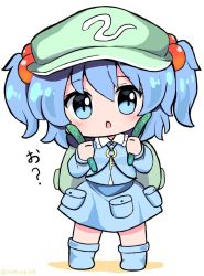 Rule 34 | 1girl, backpack, bag, blue eyes, blue hair, blue jacket, blue skirt, chibi, cucumber, flat cap, food, full body, green bag, green hat, hair bobbles, hair ornament, hat, holding, holding food, jacket, kawashiro nitori, key, long sleeves, looking at viewer, open mouth, pocket, ramudia (lamyun), short hair, simple background, skirt, solo, standing, touhou, translation request, twitter username, two side up, white background