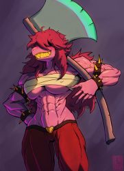 Rule 34 | 1girl, abs, absurdres, armlet, axe, bracelet, breasts, colored skin, deltarune, enduranceex, furry, furry female, hair over eyes, heart, highres, holding, holding weapon, jewelry, long hair, muscular, muscular female, pink hair, pink skin, reptile girl, sarashi, sharp teeth, solo, spiked armlet, spiked bracelet, spikes, susie (deltarune), sweat, teeth, toned, weapon