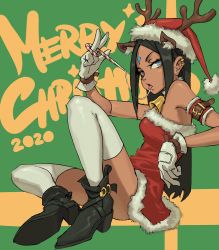 Rule 34 | 1girl, animal ear fluff, animal ears, antlers, aqua eyes, arm belt, armband, bare shoulders, bell, black footwear, black hair, boots, candy, candy cane, character request, christmas, collar, commentary, convenient leg, dark-skinned female, dark skin, dated, dress, ear piercing, earrings, edpan, english commentary, facial mark, fake animal ears, food, forehead mark, fur-trimmed collar, fur-trimmed dress, fur-trimmed headwear, fur trim, gloves, green background, half-closed eyes, hat, high heel boots, high heels, highres, horns, jewelry, long hair, looking at viewer, merry christmas, neck bell, original, parted bangs, piercing, reindeer antlers, saliva, saliva trail, santa hat, short dress, sidelocks, sitting, solo, strapless, stud earrings, symbol-only commentary, thighhighs, tongue, tongue out, v-shaped eyebrows, very long hair, white gloves, white thighhighs