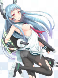 Rule 34 | 10s, 1girl, bad id, bad pixiv id, black pantyhose, blue hair, blunt bangs, breast slip, breasts, censored, checkered background, convenient censoring, dress, fingerless gloves, gloves, hair ribbon, headgear, kanden sky, kantai collection, leg up, long hair, machinery, murakumo (kancolle), one breast out, panties, panties under pantyhose, pantyhose, red eyes, ribbon, sailor dress, sidelocks, solo, thighband pantyhose, torn clothes, torn pantyhose, twitter username, underwear