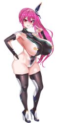 Rule 34 | 1girl, absurdres, asanagi, black thighhighs, breasts, full body, hand on own hip, high heels, highres, huge breasts, long hair, looking at viewer, new (lk), original, pink hair, red eyes, second-party source, side ponytail, sideboob, simple background, smile, solo, standing, teeth, thighhighs