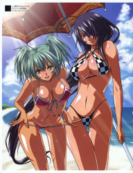 Rule 34 | 00s, 2girls, :d, :o, adjusting clothes, adjusting swimsuit, ahoge, alternate costume, beach, beach umbrella, bikini, bikini pull, bikini tan, black hair, blue eyes, blush, body blush, breasts, breasts apart, checkered bikini, checkered clothes, cleavage, clothes pull, cloud, copyright name, cowboy shot, criss-cross halter, dark-skinned female, dark skin, day, front-tie bikini top, front-tie top, green eyes, green hair, groin, hair over one eye, halterneck, highleg, highleg bikini, highleg swimsuit, highres, holding, ikkitousen, ikkitousen eloquent fist, kan&#039;u unchou, large breasts, leaning forward, light rays, long hair, looking at viewer, multiple girls, navel, ocean, official art, one-piece swimsuit pull, open mouth, outdoors, pulled by self, red bikini, ryofu housen, scan, scrunchie, shiny skin, short hair, short twintails, sideboob, sky, smile, sparkle, standing, strap pull, string bikini, sunbeam, sunlight, swimsuit, tan, tanline, thigh gap, twintails, umbrella, very long hair, water, wide hips