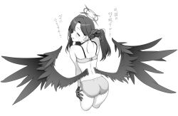 Rule 34 | 1girl, aya shachou, blue archive, bra, choker, closed eyes, cropped legs, earrings, feathered wings, gloves, halo, highres, ichika (blue archive), jewelry, leaning forward, long hair, looking at viewer, looking back, low wings, monochrome, open mouth, simple background, smile, solo, translation request, underwear, white background, wings