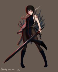 Rule 34 | 1girl, arm tattoo, backlighting, bandages, bandaged arm, bandages, bare shoulders, black footwear, black hair, brown background, chain, closed mouth, dated, hair between eyes, hand tattoo, highres, holding, holding sword, holding weapon, multiple swords, original, papayawhip, red eyes, short hair, signature, simple background, solo, standing, sword, tattoo, too many, too many weapons, turtleneck, weapon