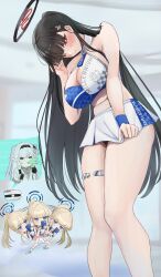 Rule 34 | 3girls, afterimage, alternate costume, black hair, blue archive, blush, breasts, cafenami, cleavage, embarrassed, feet out of frame, halo, highres, himari (blue archive), large breasts, legs, long hair, looking down, millennium cheerleader outfit (blue archive), miniskirt, mole, mole on breast, multiple girls, navel, ponytail, red eyes, revision, rio (blue archive), skirt, skirt tug, spitting, sports bra, taking picture, toki (blue archive), two-tone sports bra, very long hair