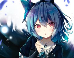 Rule 34 | 1girl, alternate costume, blue hair, blue theme, blush, butterfly hair ornament, character request, commentary request, copyright request, hair ornament, jewelry, light particles, looking at viewer, necklace, open mouth, red eyes, renka (cloudsaikou), short hair, slit pupils, solo, upper body
