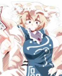 Rule 34 | 1girl, blonde hair, blush, breasts, brown eyes, curvy, dress, eyebrows, female focus, hair ribbon, hat, iroyopon, large breasts, ribbon, short hair, simple background, sketch, solo, thick eyebrows, touhou, upper body, white background, yakumo ran
