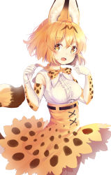 Rule 34 | 1girl, absurdres, animal ears, animal ears (norankkori), blush, bow, bowtie, breasts, brown eyes, elbow gloves, gloves, highres, kemono friends, large breasts, multicolored clothes, multicolored gloves, multicolored neckwear, open mouth, orange bow, orange bowtie, orange gloves, orange hair, orange skirt, serval (kemono friends), serval tail, short hair, skirt, sleeveless, smile, solo, tail, traditional bowtie, white bow, white bowtie, white gloves