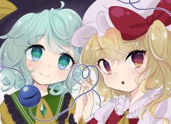 Rule 34 | + +, 2girls, :o, bow, flandre scarlet, flower in eye, green eyes, green hair, hair bow, hat, heart, heart of string, highres, holding hands, interlocked fingers, komeiji koishi, looking at viewer, mob cap, mogi gimo, multiple girls, one side up, short hair, simple background, smile, symbol in eye, third eye, touhou, upper body, white background