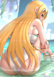 Rule 34 | 1girl, absurdres, ass, blonde hair, blue sky, breast press, breasts, brown eyes, cloud, day, earrings, gonzarez, headpiece, highres, jewelry, large breasts, long hair, looking at viewer, looking back, mythra (radiant beach) (xenoblade), mythra (xenoblade), one-piece swimsuit, outdoors, partially submerged, sideboob, sitting, sky, solo, swimsuit, very long hair, water, wet, white one-piece swimsuit, xenoblade chronicles (series), xenoblade chronicles 2