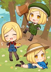 Rule 34 | 1girl, :d, axe, babe (fate), bad id, bad pixiv id, bare shoulders, beamed sixteenth notes, beret, black footwear, blonde hair, blush stickers, boots, brown eyes, brown gloves, brown headwear, brown pantyhose, chibi, closed mouth, collared jacket, collared shirt, commentary request, eighth note, fate/grand order, fate (series), food, fork, gloves, green headwear, green jacket, hat, holding, holding axe, holding fork, holding plate, jacket, karokuchitose, lying, multiple views, musical note, naked overalls, on stomach, open mouth, overall shorts, overalls, pancake, pancake stack, pantyhose, paul bunyan (fate), paul bunyan (second ascension) (fate), paul bunyan (third ascension) (fate), plaid, plaid shirt, plate, red shirt, sharp teeth, shirt, smile, standing, standing on one leg, swept bangs, teeth, tree, v-shaped eyebrows
