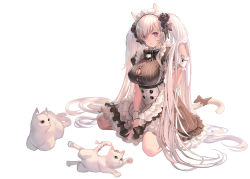 Rule 34 | 1girl, animal, animal ears, apron, bandages, bell, black bow, black bowtie, black dress, black flower, black rose, blush, bow, bowtie, breasts, buttons, cat, cat ears, cat tail, cleavage, closed mouth, destiny child, dress, extra ears, fang, female focus, flower, frilled dress, frills, hair flower, hair ornament, hand in own hair, highres, kim hyung tae, large breasts, long hair, maid, maid headdress, official art, puffy short sleeves, puffy sleeves, rose, short sleeves, simple background, sitri (destiny child), sitting, solo, striped clothes, striped dress, tail, twintails, very long hair, white apron, white background, white hair, wrist cuffs