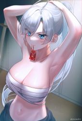 Rule 34 | 1girl, absurdres, armpits, arms behind head, arms up, bare shoulders, blue eyes, breast bind, breasts, breasts out, charm (object), chest sarashi, cleavage, collarbone, eyes visible through hair, highres, holding, holding own hair, kendo, large breasts, light particles, long hair, minase alice (yayoi maka), mole, mole on breast, mouth hold, navel, no shirt, original, ponytail, sarashi, solo, stomach, sword, tying hair, v-shaped eyebrows, very long hair, weapon, white hair, wooden sword, yayoi maka