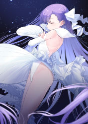 Rule 34 | 1girl, bare shoulders, blush, breasts, closed eyes, coffeekite, detached collar, detached sleeves, dress, fate/extra, fate/extra ccc, fate/grand order, fate (series), hair ribbon, highleg, highleg dress, highres, long hair, meltryllis (fate), purple hair, ribbon, small breasts, thighs, very long hair, white dress, white ribbon, wide sleeves