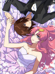 Rule 34 | 1boy, 1girl, absurdres, bare arms, black bow, black bowtie, black jacket, black vest, bow, bowtie, breasts, brown hair, cleavage, collarbone, dress, dress shirt, eye contact, from above, grey eyes, gundam, gundam seed, hair ornament, hairclip, highres, holding hands, jacket, kira yamato, lacus clyne, long hair, looking at another, lying, medium breasts, on back, open clothes, open jacket, open mouth, pink hair, purple eyes, rrrisyf, shirt, short hair, sleeveless, straight hair, strapless, strapless dress, vest, wedding dress, white dress, white shirt